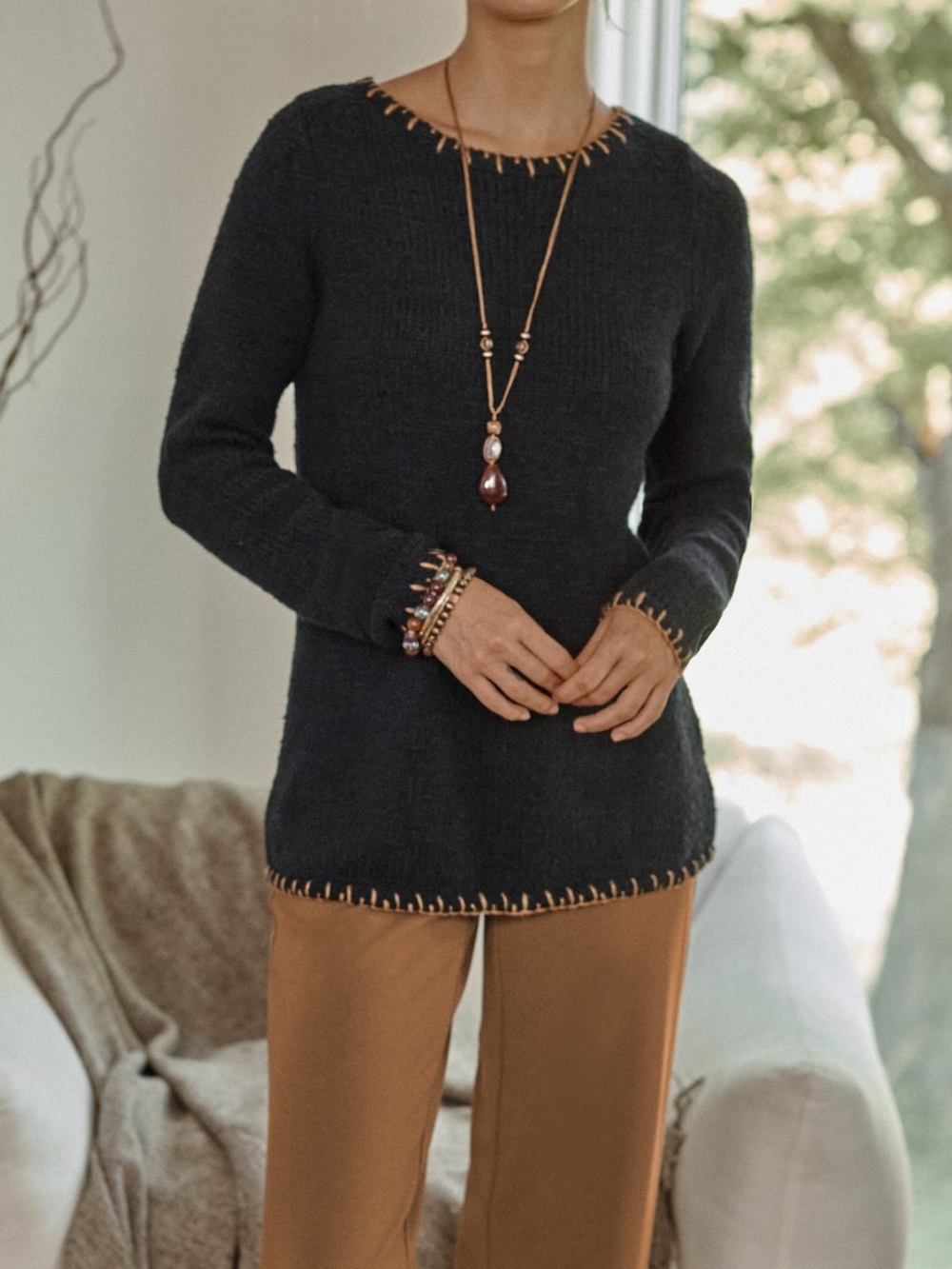 Pure Jill J. Jill Navy Blue Whipstitch Trimmed Pullover Sweater S